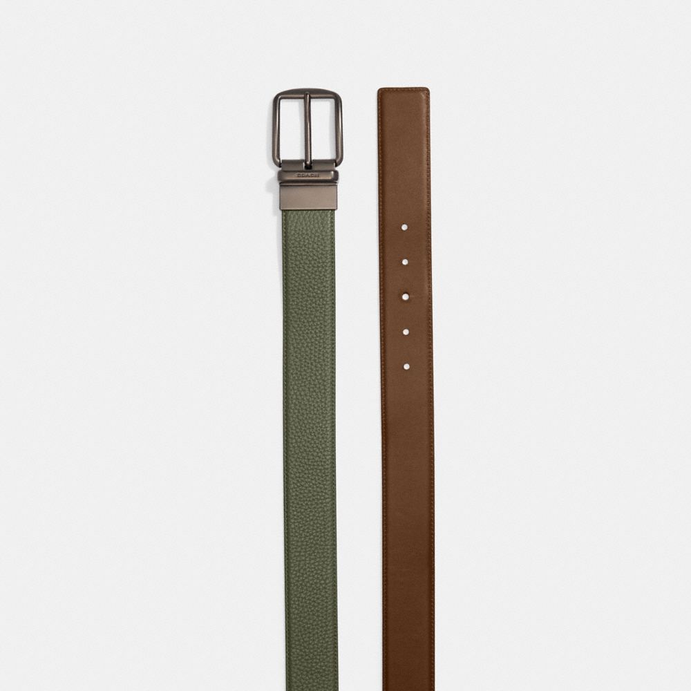 COACH®,Harness Buckle Cut To Size Reversible Belt, 38 Mm,Standard,Logo,Engraved Detail,Reversible,Gunmetal,Work,Casual,Olive,Angle View