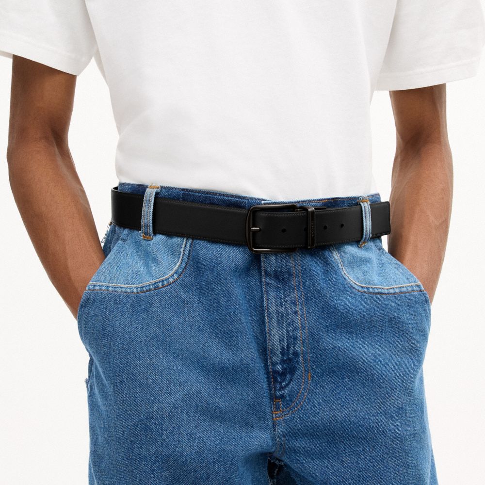 COACH®,Harness Buckle Cut-To-Size Reversible Belt, 38 Mm,Standard,Logo,Engraved Detail,Reversible,Gunmetal,Work,Multi Color,Detail View