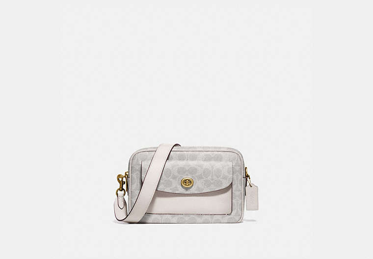 COACH®,CASSIE CAMERA BAG IN SIGNATURE CANVAS,Signature Coated Canvas/Smooth Leather,Medium,Brass/Chalk Chalk,Front View