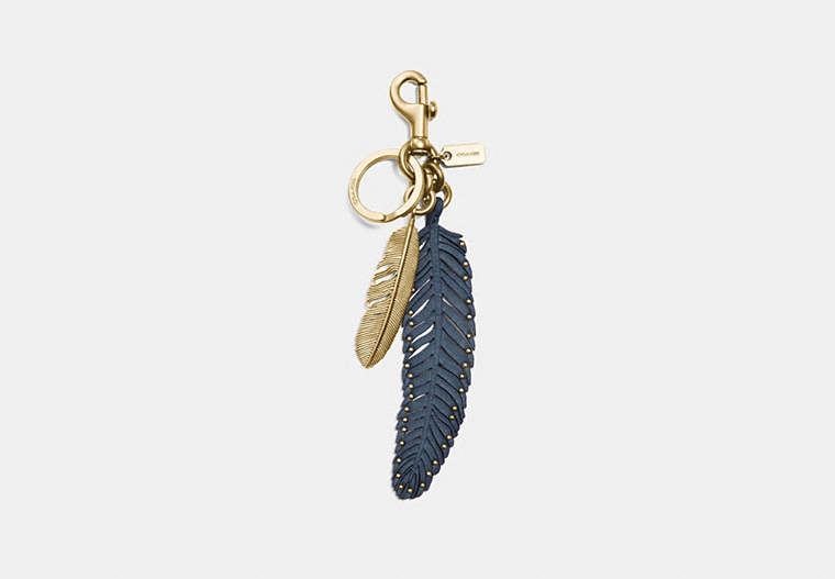 COACH®,MULTI FEATHER BAG CHARM,Metal Leather,Brass/Denim,Front View