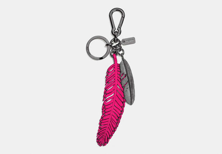 COACH®,MULTI FEATHER BAG CHARM,Metal Leather,Black/Cerise,Front View image number 0