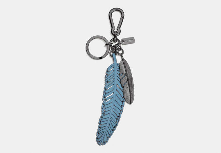 COACH®,MULTI FEATHER BAG CHARM,Metal Leather,Black/CORNFLOWER,Front View