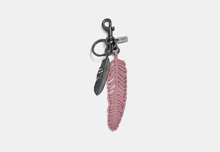 COACH®,MULTI FEATHER BAG CHARM,Metal Leather,Black/Dusty Rose,Front View