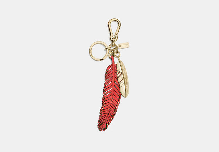 COACH®,MULTI FEATHER BAG CHARM,Metal Leather,GD/Deep Coral,Front View