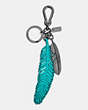 COACH®,MULTI FEATHER BAG CHARM,Metal Leather,Silver/TURQUOISE,Front View
