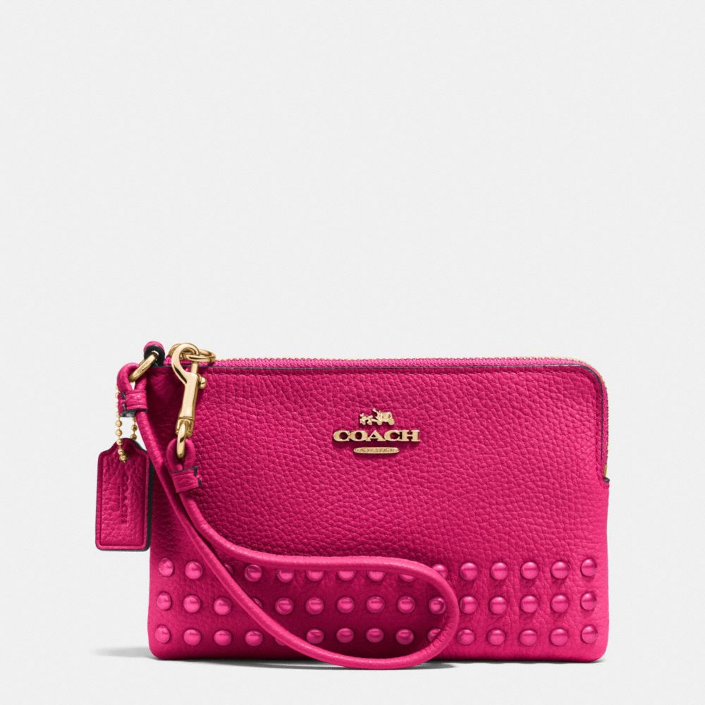 COACH®: Corner Zip Wristlet In Lacquer Rivets Pebble Leather