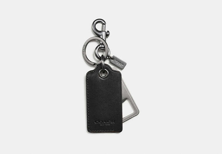 COACH®,BOTTLE OPENER KEY RING,Leather,Black,Front View