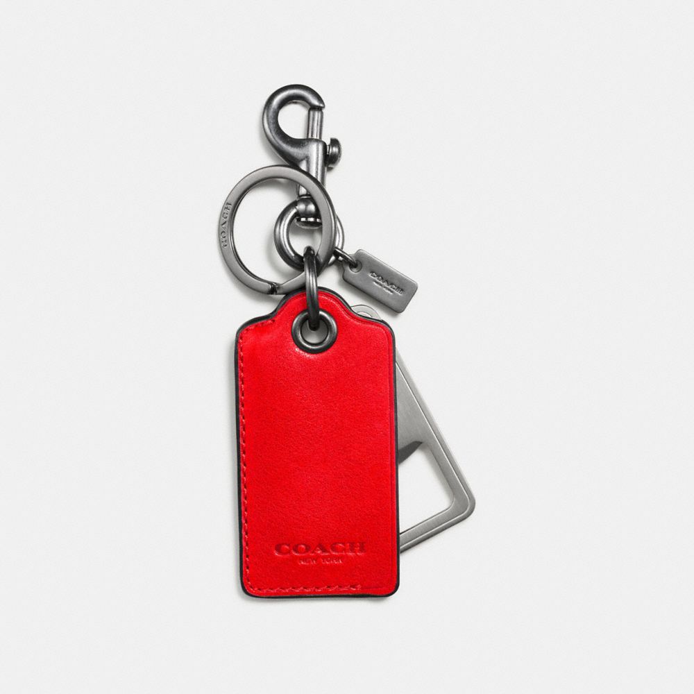 COACH®,BOTTLE OPENER KEY RING,Leather,Red Orange,Front View