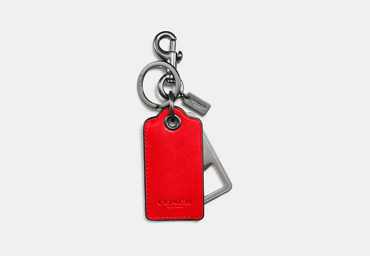 COACH®,BOTTLE OPENER KEY RING,Leather,Red Orange,Front View