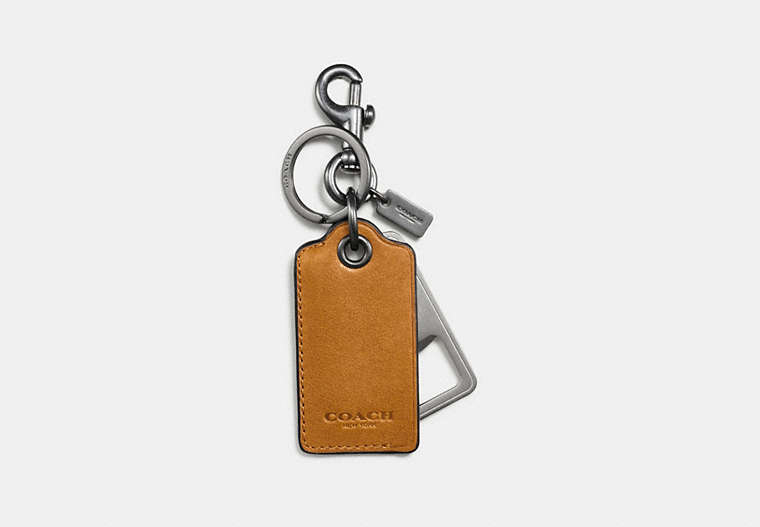 COACH®,BOTTLE OPENER KEY RING,Leather,Dark Honey,Front View