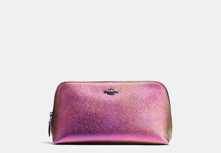 COACH®,COSMETIC CASE 22 IN HOLOGRAM LEATHER,Leather,Gunmetal/Multicolor,Front View