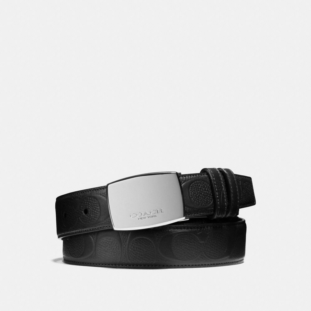 COACH®,DRESS PLAQUE CUT-TO-SIZE REVERSIBLE BELT IN SIGNATURE LEATHER,Leather,Black,Front View