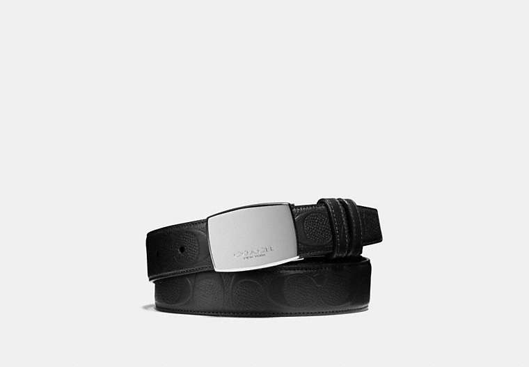COACH®,DRESS PLAQUE CUT-TO-SIZE REVERSIBLE BELT IN SIGNATURE LEATHER,Leather,Black,Front View