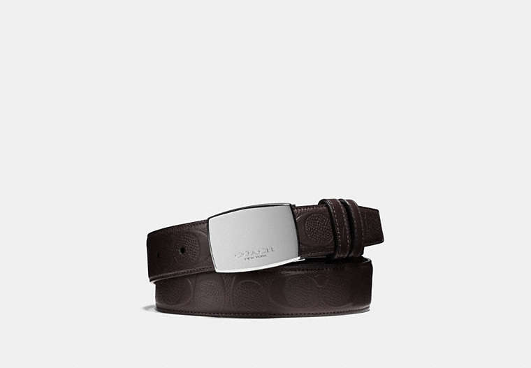 COACH®,DRESS PLAQUE CUT-TO-SIZE REVERSIBLE BELT IN SIGNATURE LEATHER,Leather,Dark B Dark Brown,Front View