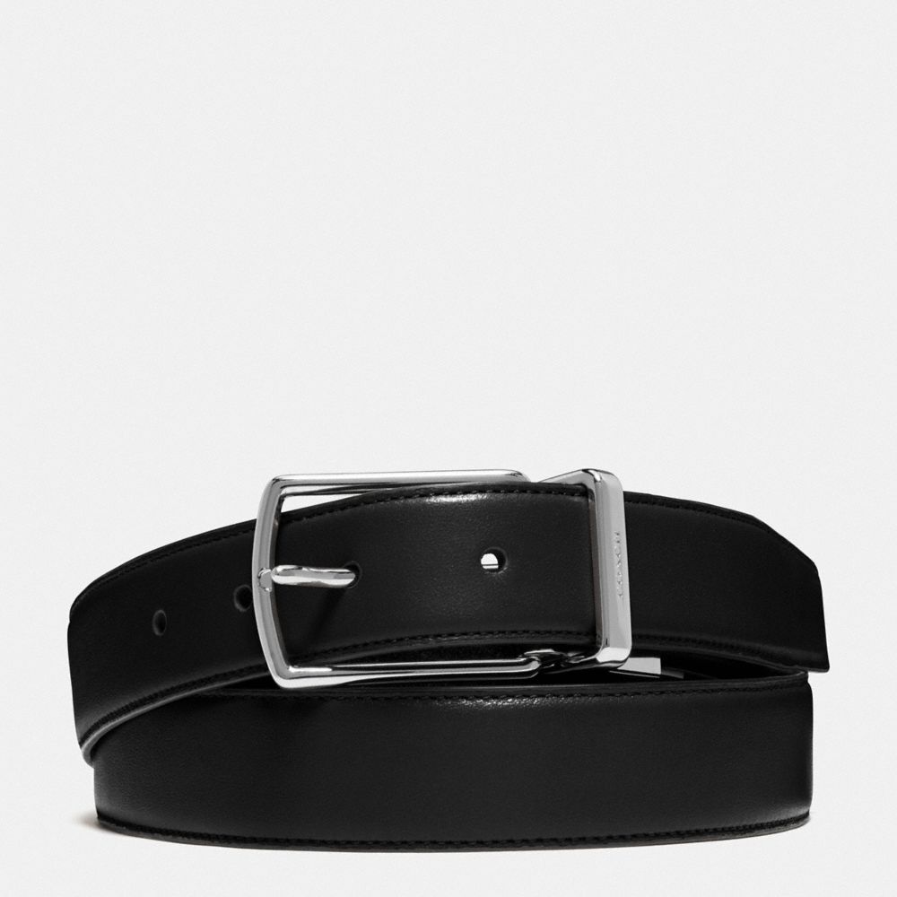 COACH®,HARNESS BUCKLE CUT-TO-SIZE REVERSIBLE BELT, 32MM,Leather,Black Dark Brown,Front View image number 0
