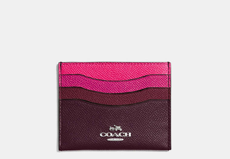 COACH®,FLAT CARD CASE IN COLORBLOCK LEATHER,Leather,Silver/Burgundy Multi,Front View