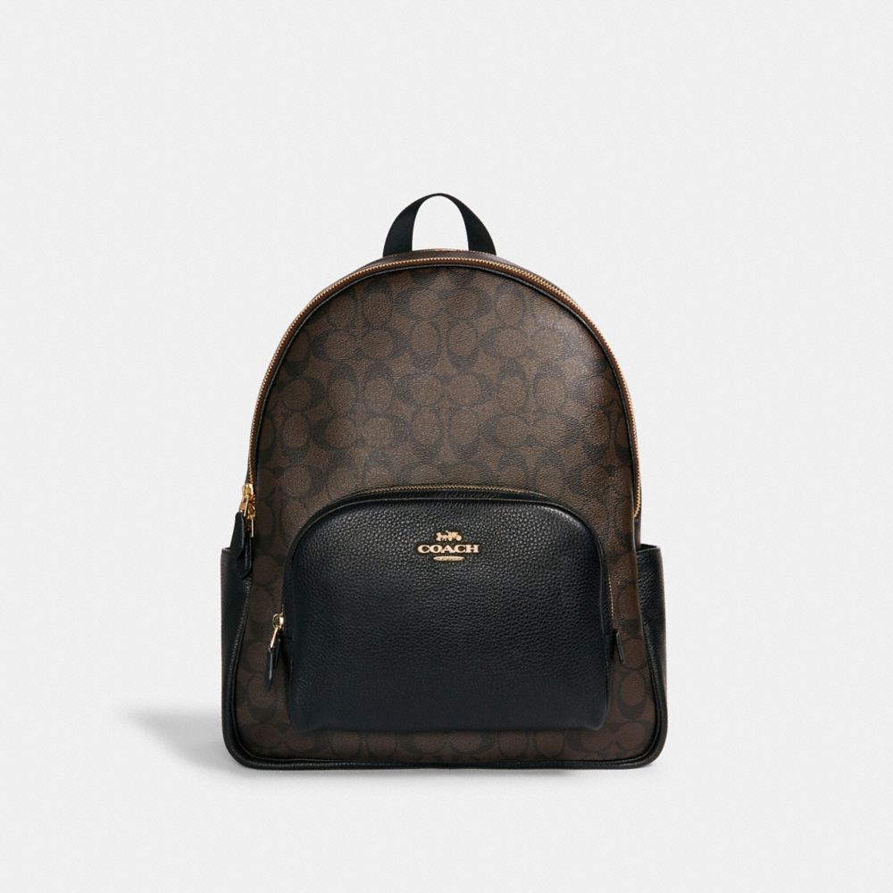 COACH®,LARGE COURT BACKPACK IN SIGNATURE CANVAS,Signature Canvas,Large,Everyday,Gold/Brown Black,Front View