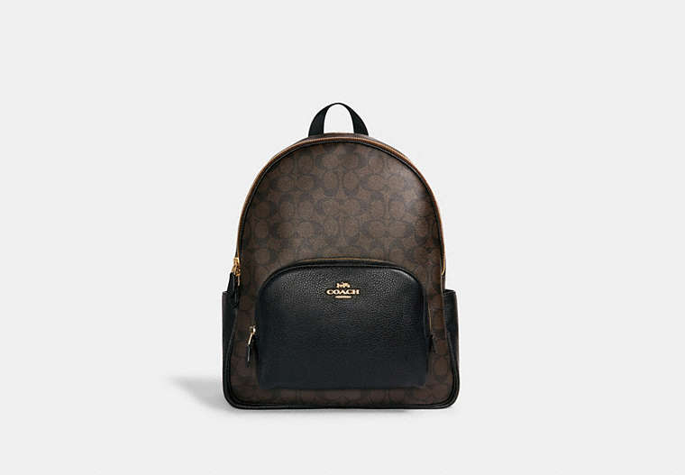 COACH®,LARGE COURT BACKPACK IN SIGNATURE CANVAS,Large,Everyday,Gold/Brown Black,Front View