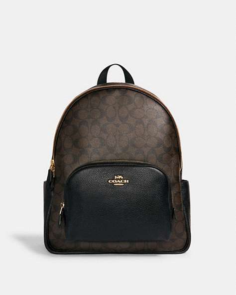 COACH®,LARGE COURT BACKPACK IN SIGNATURE CANVAS,pvc,Medium,Everyday,Gold/Brown Black,Front View