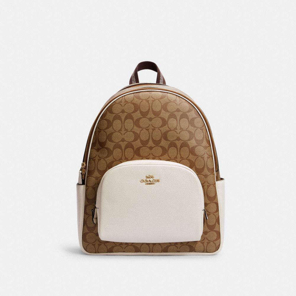 COACH®,LARGE COURT BACKPACK IN SIGNATURE CANVAS,Signature Canvas,Large,Everyday,Gold/Khaki/Chalk,Front View