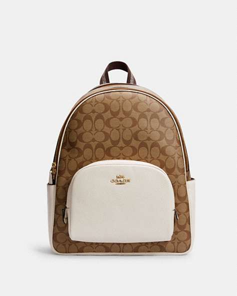 COACH®,LARGE COURT BACKPACK IN SIGNATURE CANVAS,pvc,Medium,Everyday,Gold/Khaki/Chalk,Front View
