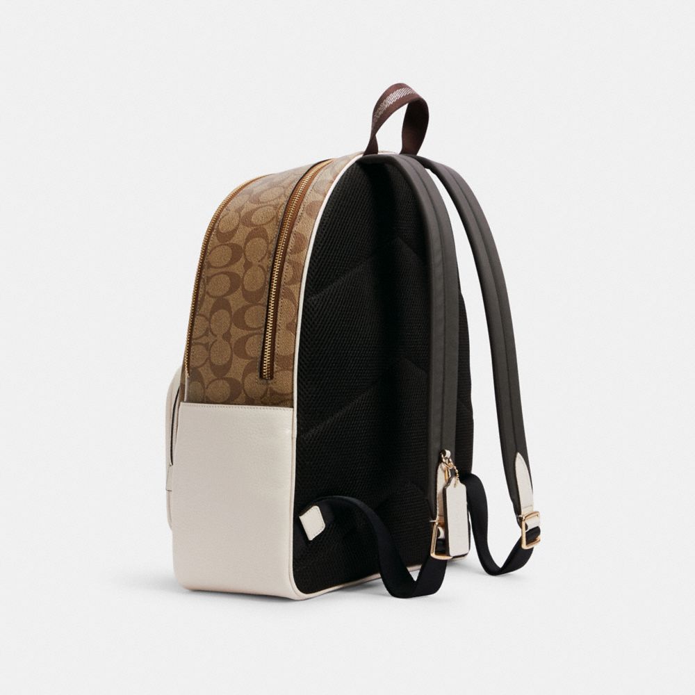COACH®,LARGE COURT BACKPACK IN SIGNATURE CANVAS,Signature Canvas,Large,Everyday,Gold/Khaki/Chalk,Angle View