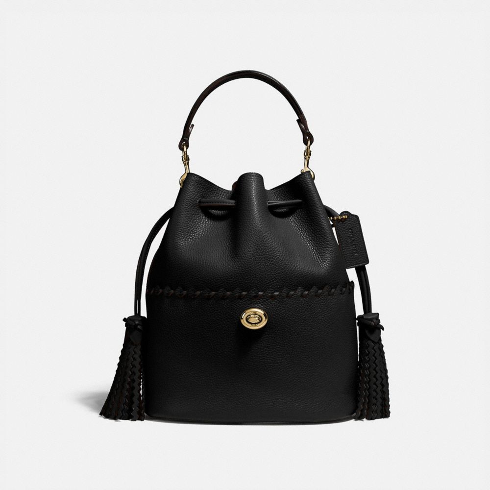 COACH®,LORA BUCKET BAG WITH WHIPSTITCH DETAIL,Leather,Medium,Brass/Black,Front View
