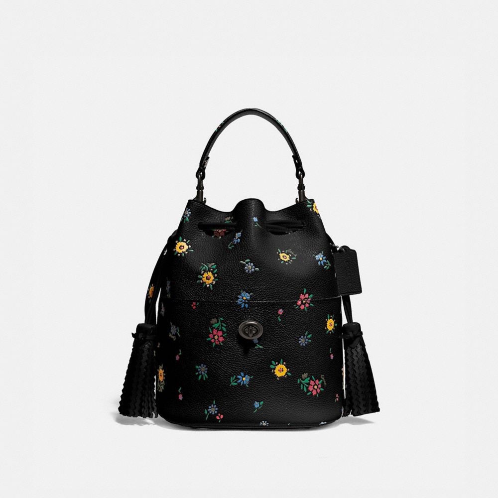 COACH®,LORA BUCKET BAG WITH WILDFLOWER PRINT,Pebble Leather,Pewter/Black,Front View image number 0