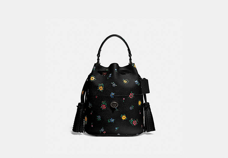COACH®,LORA BUCKET BAG WITH WILDFLOWER PRINT,Pebble Leather,Pewter/Black,Front View image number 0