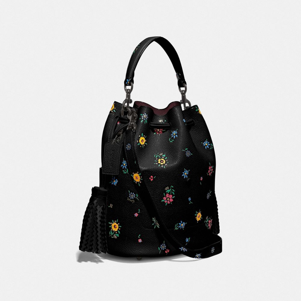 COACH®,LORA BUCKET BAG WITH WILDFLOWER PRINT,Pebble Leather,Pewter/Black,Angle View