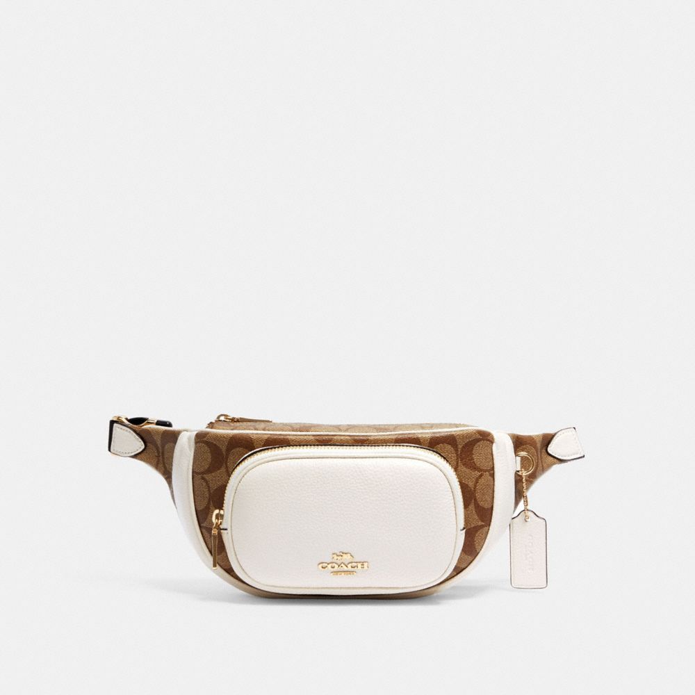 COACH®,COURT BELT BAG IN SIGNATURE CANVAS,Leather,Mini,Gold/Khaki/Chalk,Front View