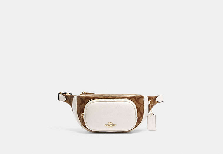 COACH®,COURT BELT BAG IN SIGNATURE CANVAS,Leather,Mini,Gold/Khaki/Chalk,Front View