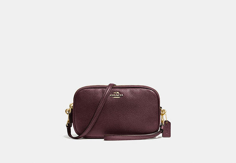 COACH®,SADIE CROSSBODY CLUTCH,Leather,Light Gold/Oxblood,Front View
