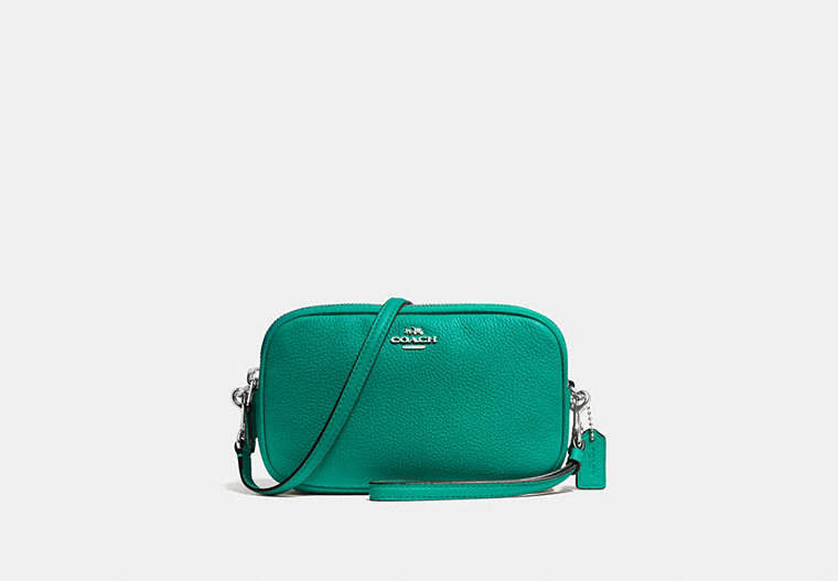 COACH®,SADIE CROSSBODY CLUTCH,Leather,Silver/Teal,Front View