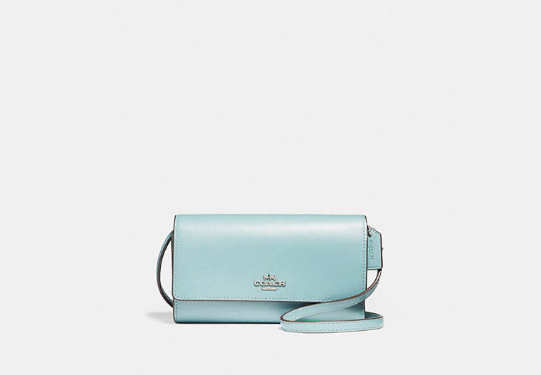 COACH®,PHONE CROSSBODY,Leather,Silver/Light Turquoise,Front View