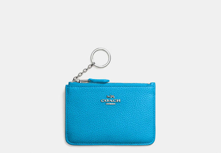 COACH®,KEY POUCH IN POLISHED PEBBLE LEATHER,Leather,Silver/Azure,Front View