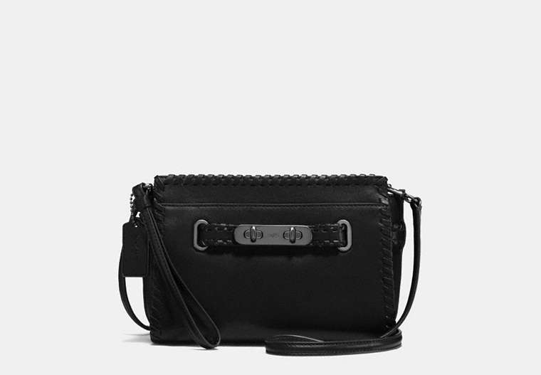 COACH®,RIP AND REPAIR COACH SWAGGER WRISTLET IN GLOVETANNED LEATHER,Leather,Gunmetal/Black,Front View