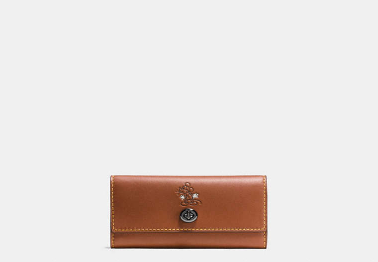 COACH®,MICKEY TURNLOCK WALLET IN SMOOTH LEATHER,Leather,Gunmetal/1941 Saddle,Front View
