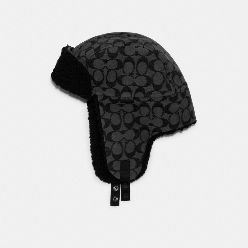 COACH®,FLANNEL TRAPPER CAP,Black Signature,Front View