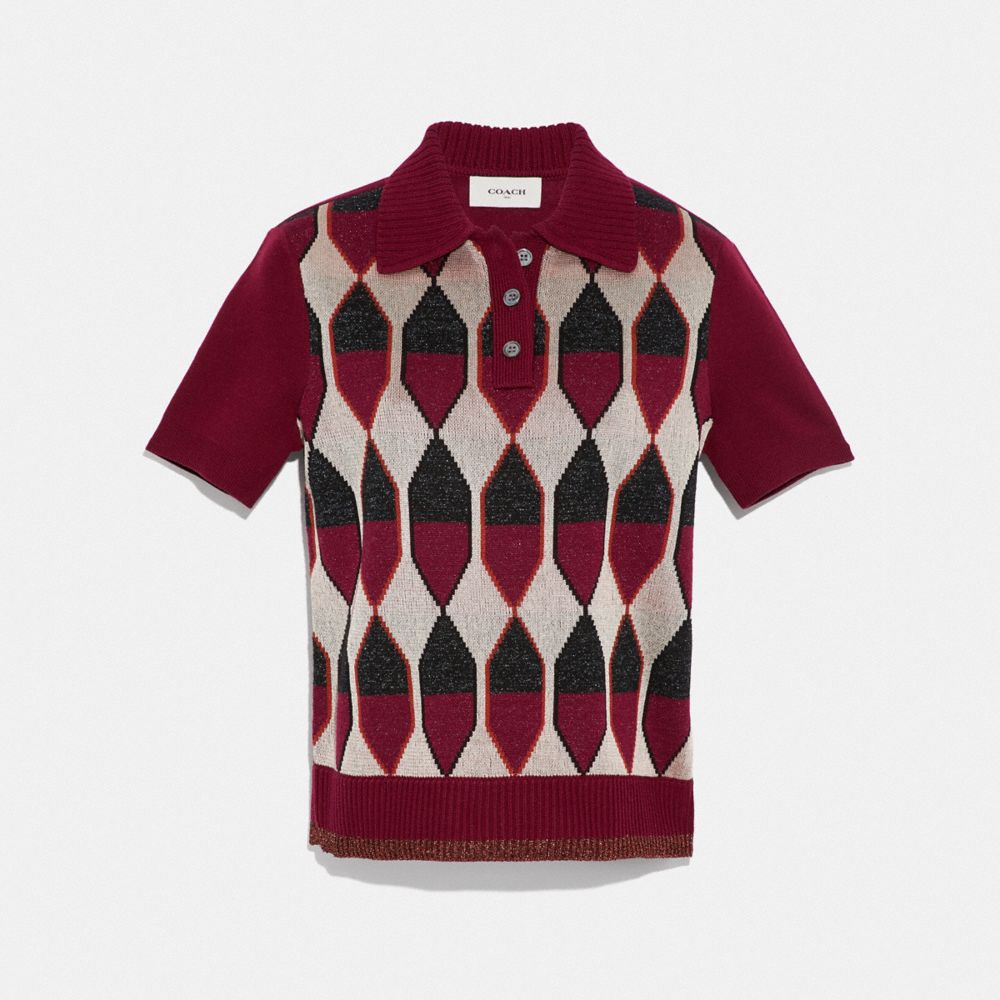 COACH®,DIAMOND JACQUARD POLO,wool,Burgundy,Front View