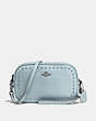 COACH®,CROSSBODY CLUTCH WITH LACQUER RIVETS,Leather,Dark Gunmetal/Pale Blue,Front View