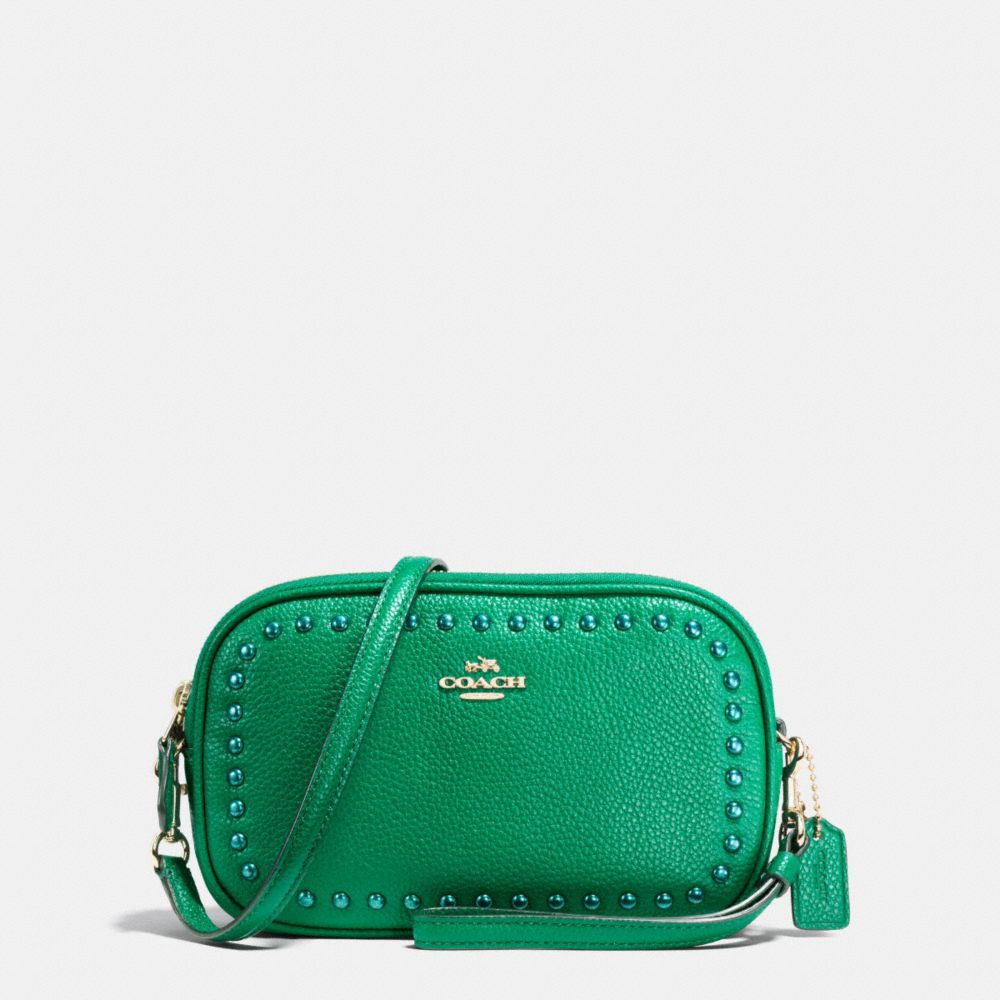 COACH®,CROSSBODY CLUTCH WITH LACQUER RIVETS,Leather,Light Gold/Forest,Front View