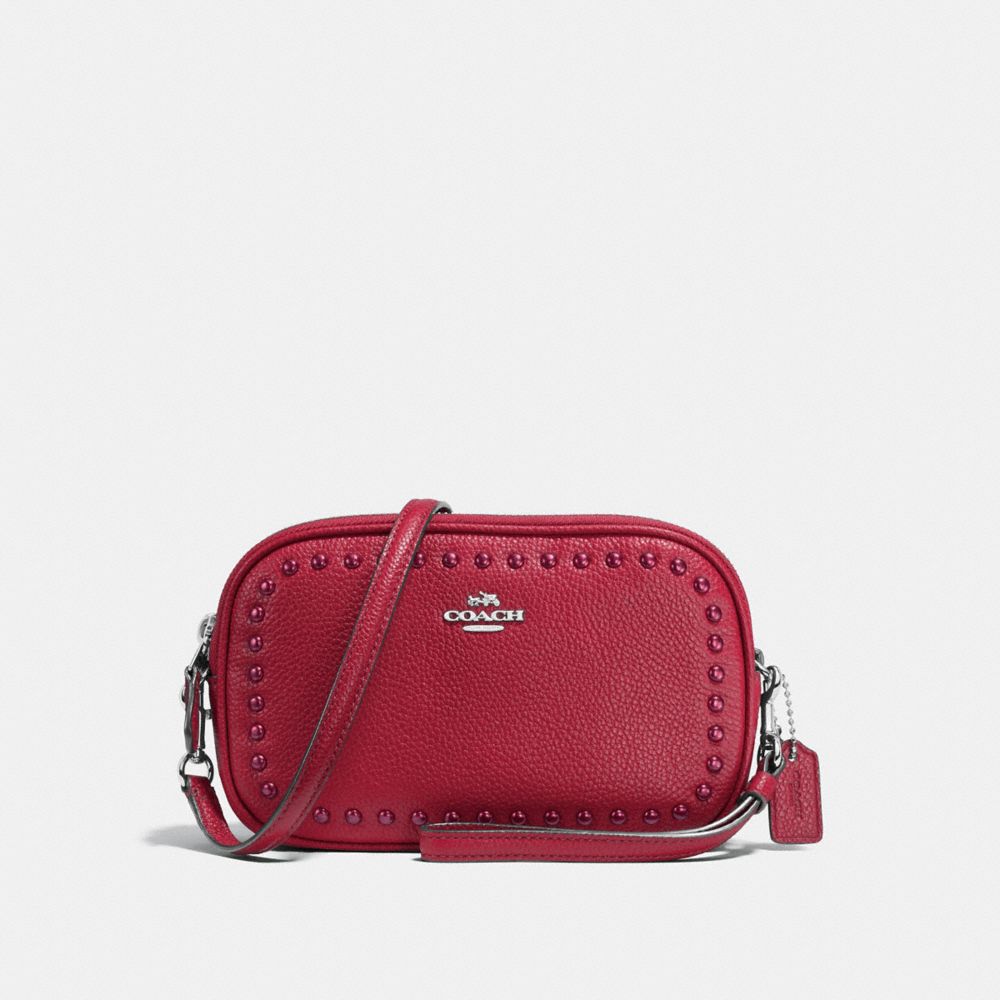 COACH®,CROSSBODY CLUTCH WITH LACQUER RIVETS,Leather,Silver/Red Currant,Front View