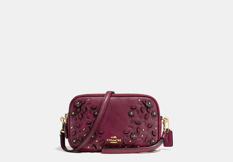 COACH®,WILLOW FLORAL CROSSBODY CLUTCH IN PEBBLE LEATHER,Leather,Light Gold/Burgundy,Front View