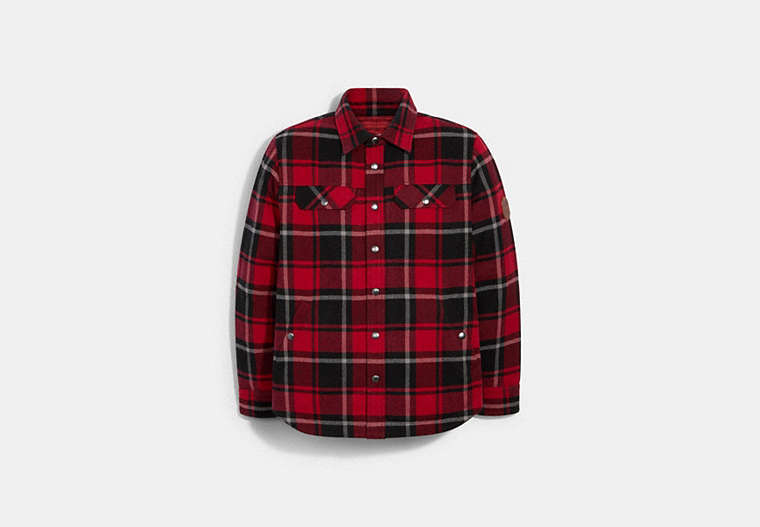 COACH®,QUILTED PLAID SHIRT JACKET,n/a,Cherry Plaid,Front View