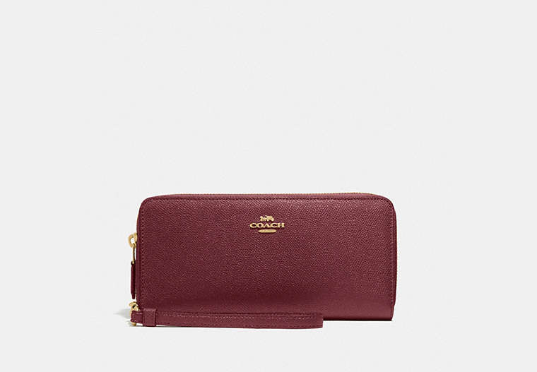 COACH®,PORTEFEUILLE CONTINENTAL,Cuir galet,Laiton/Rouge vin,Front View