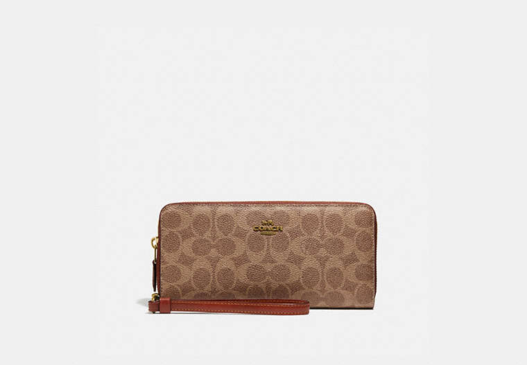 COACH®,CONTINENTAL WALLET IN COLORBLOCK SIGNATURE CANVAS,Signature Coated Canvas/Smooth Leather,Mini,Brass/Tan/Rust,Front View