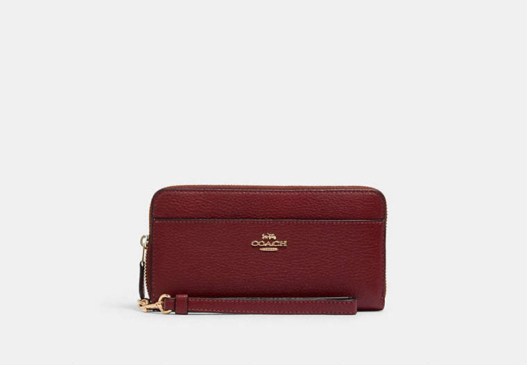 COACH®,ACCORDION ZIP WALLET WITH WRISTLET STRAP,Gold/Deep Red,Front View