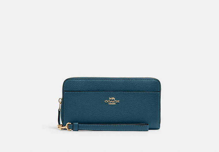 COACH®,ACCORDION ZIP WALLET WITH WRISTLET STRAP,Gold/Peacock,Front View