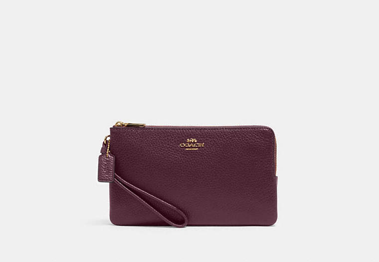 COACH®,DOUBLE ZIP WALLET,Pebbled Leather,Mini,Gold/Boysenberry,Front View